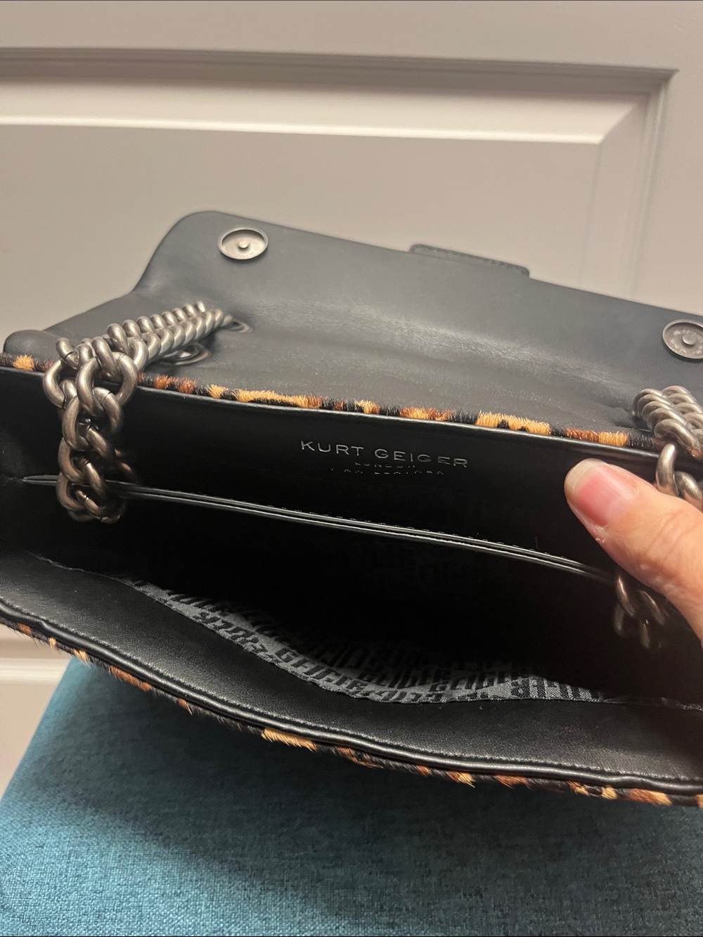 Kurt Geiger Quilted Black & Leopard-Print Shoulder Bag with Crystal Studs - Picture 3 of 4